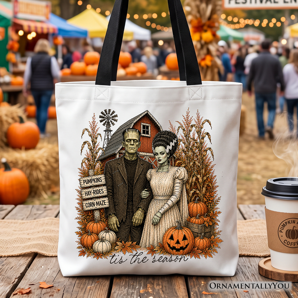 Frankenstein Couple Pumpkin Patch Tote Bag, Vintage Halloween Fall Festival Gift Shopper