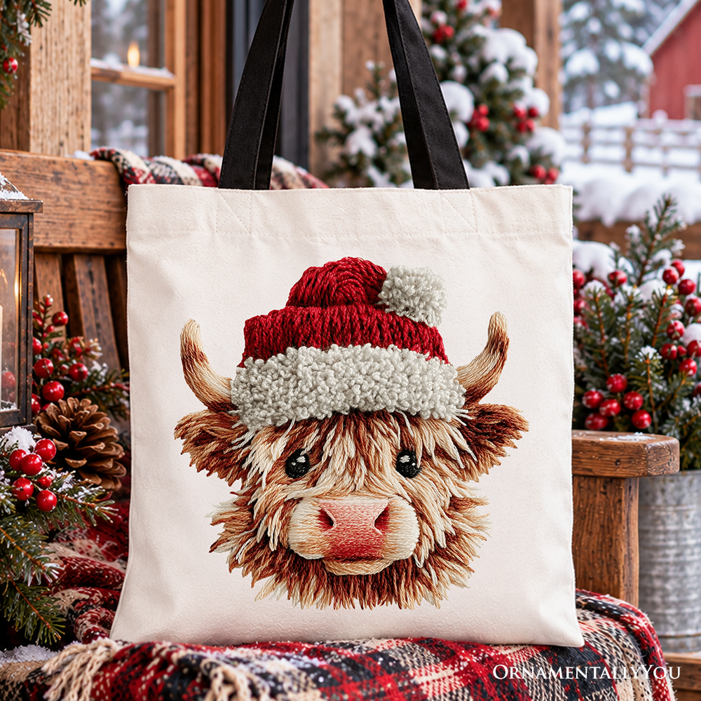 Highland Cow Santa Hat Christmas Tote Bag, Imitation Latch Hook Yarn Cozy Gift Shopper