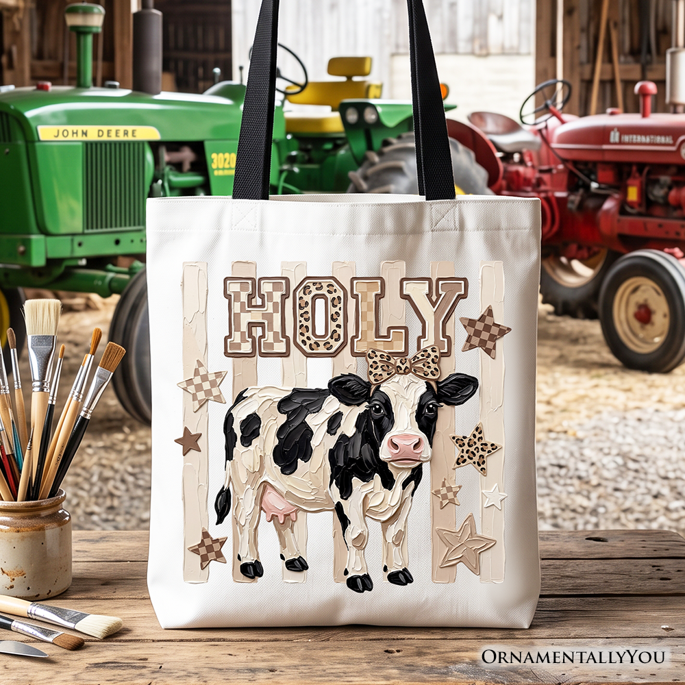 Holy Cow Coquette Tote Bag, Leopard Bow Farm Animal Gift Shopper