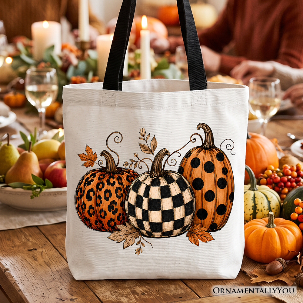 Leopard Checkered Pumpkin Tote Bag, Autumn Fall Gift Shopper