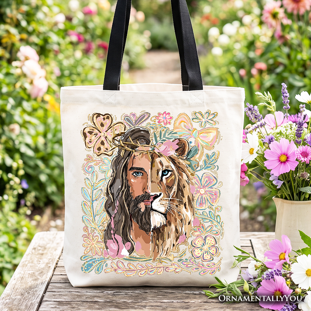 Lion of Judah Christian Tote Bag, Floral Jesus Religious Faith Gift Shopper