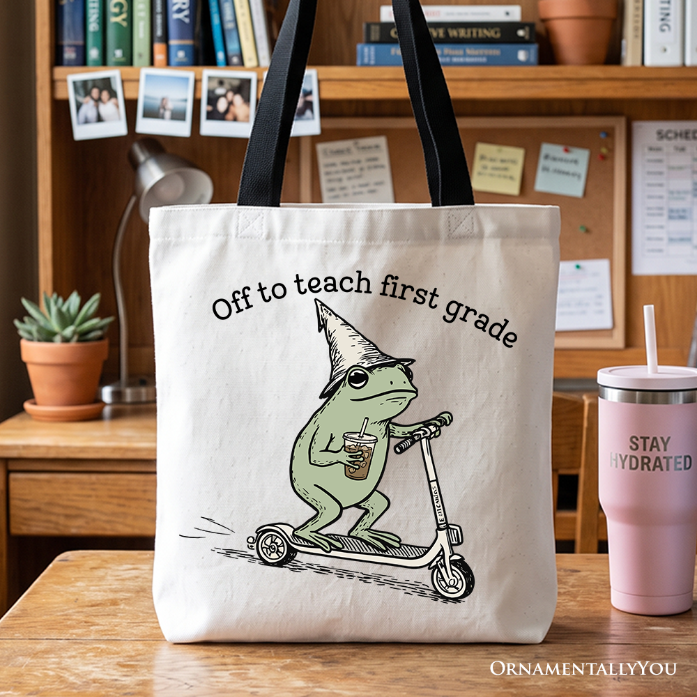 Off to Teach First Grade Frog Tote Bag, Funny Teachers Gift Shopper