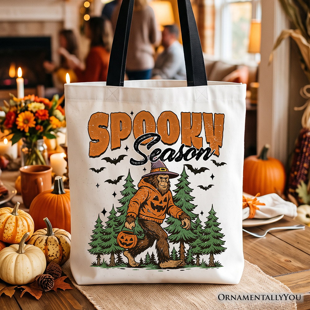 Spooky Season Bigfoot Tote Bag, Halloween Sasquatch Pumpkin Gift Shopper