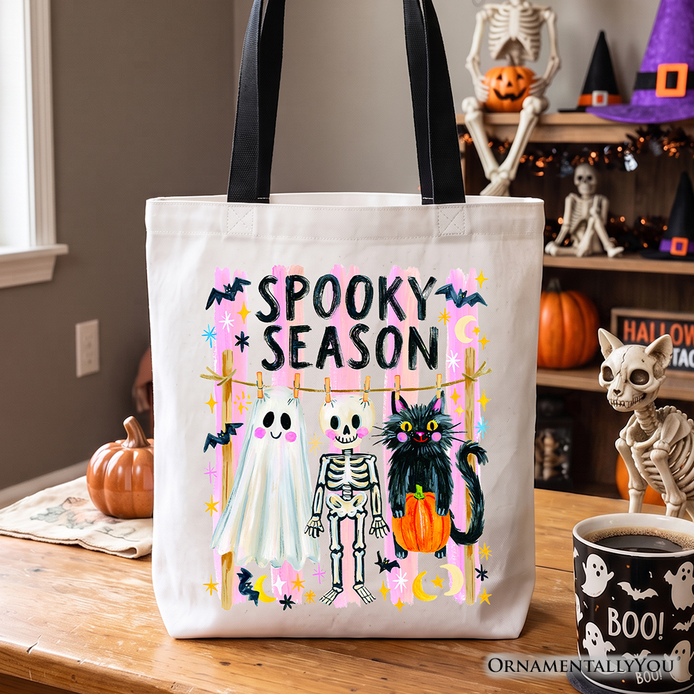 Spooky Season Ghost Skeleton Cat Tote Bag, Colorful Halloween Costume Gift Shopper