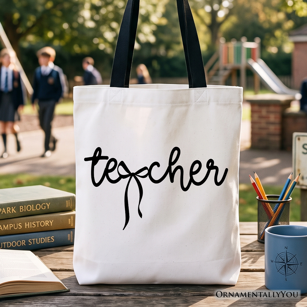 Teacher Coquette Bow Tote Bag, Minimalist Back to School Gift Shopper