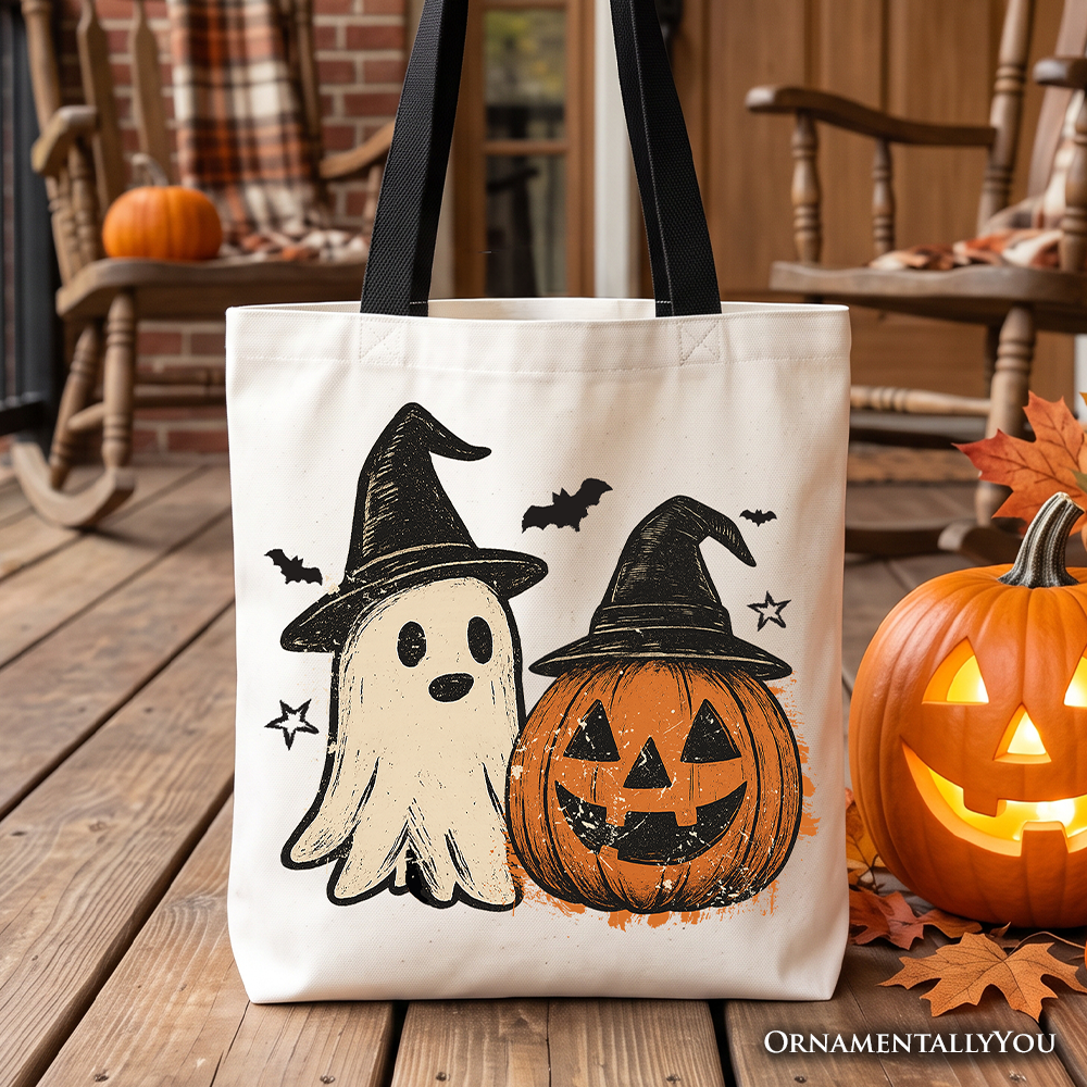 Witch Hat Ghost and Pumpkin Tote Bag, Vintage Halloween Jack O’ Lantern Gift Shopper