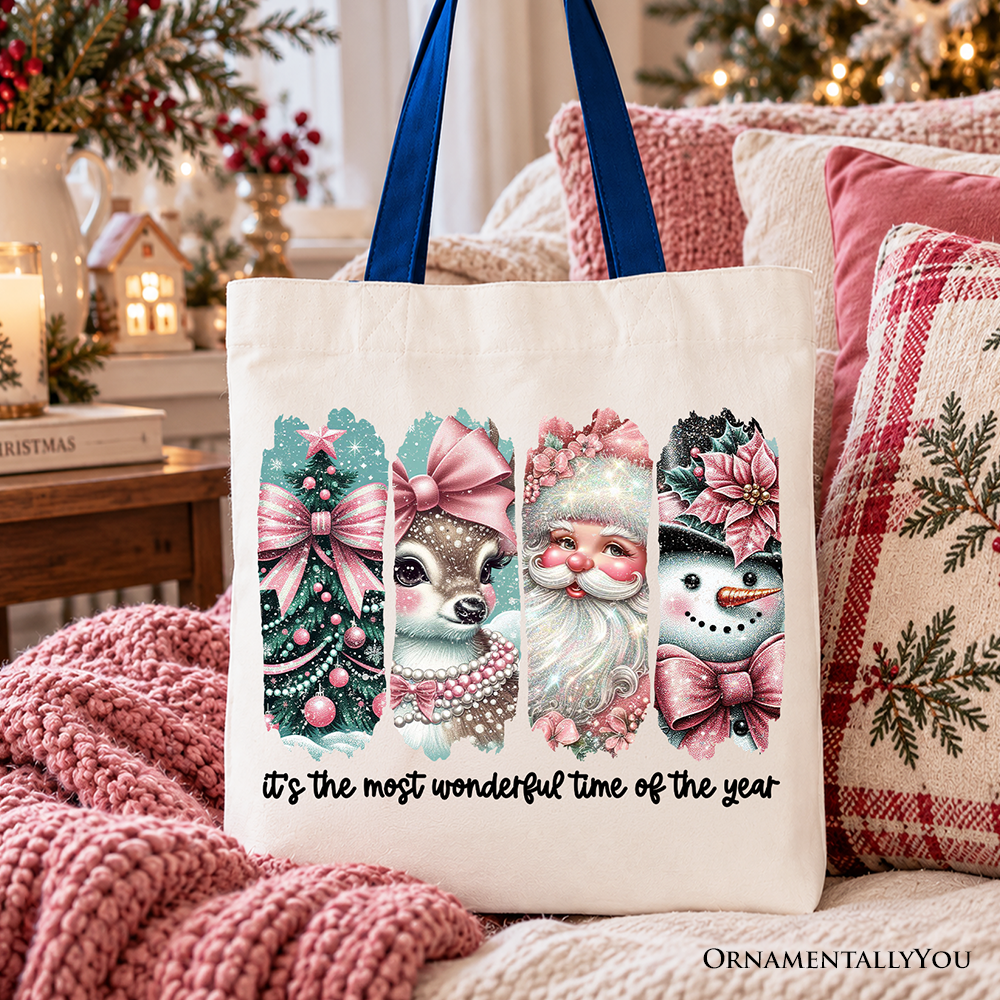 Coquette Pink Christmas Tote Bag, It's The Most Wonderful Time Of The Year Vintage Tree, Reindeer, Santa and Snowman Gift Shopper