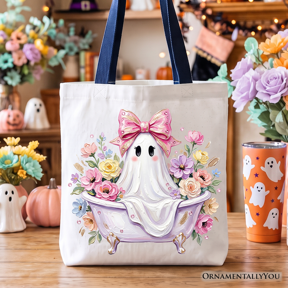 Pink Bow Bathtub Ghost Tote Bag, Floral Coquette Halloween Gift Shopper
