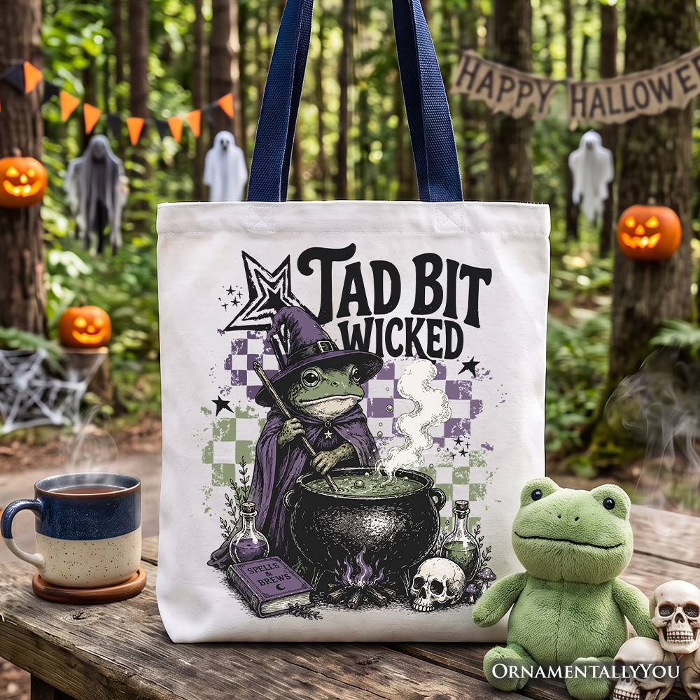 Tad Bit Wicked Frog Witch Tote Bag, Spooky Halloween Cauldron Gift Shopper