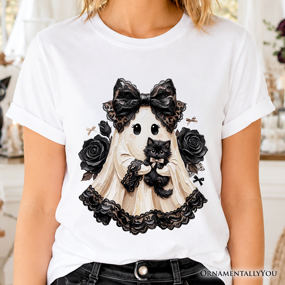 Gothic Ghost with Black Cat T-Shirt, Black Rose Coquette Halloween Tee