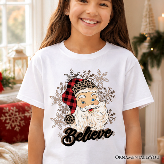 Kids Believe Santa Buffalo Plaid T-Shirt, Retro Christmas Youth Tee