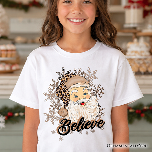 Kids Believe Santa Cheetah Leopard T-Shirt, Retro Christmas Youth Tee