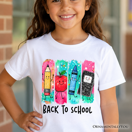 Kids Brushstroke Back to School T-Shirt, Apple Pencil Notebook Youth Tee for Student