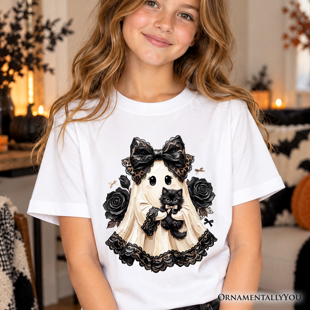 Kids Gothic Ghost with Black Cat T-Shirt, Black Rose Coquette Halloween Youth Tee