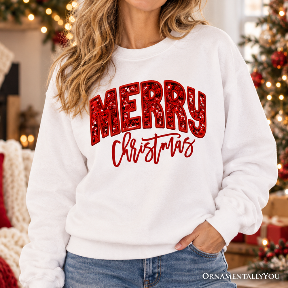 Merry Christmas Sequin Sweatshirt, Bold Red Glitter Sweater for Festive Holiday Season