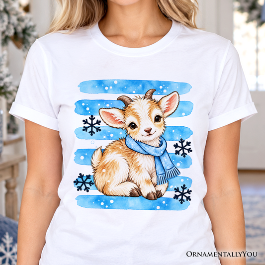Snowflake Goat Christmas T-Shirt, Cute Winter Scarf Farm Animal Tee