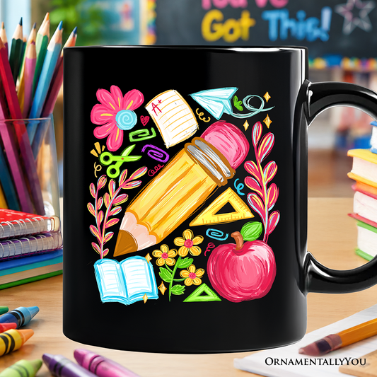 Floral Teacher Pencil Personalized Mug, Colorful Back to School Gift with Custom Name