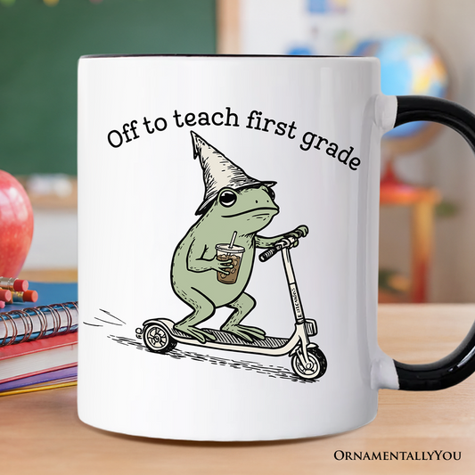 Off to Teach First Grade Frog Personalized Mug, Funny Teachers Gift with Custom Name