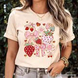 Boho Strawberry Coquette T-Shirt, Cute Bow and Floral White and Natural Tee for Sweet and Stylish Women