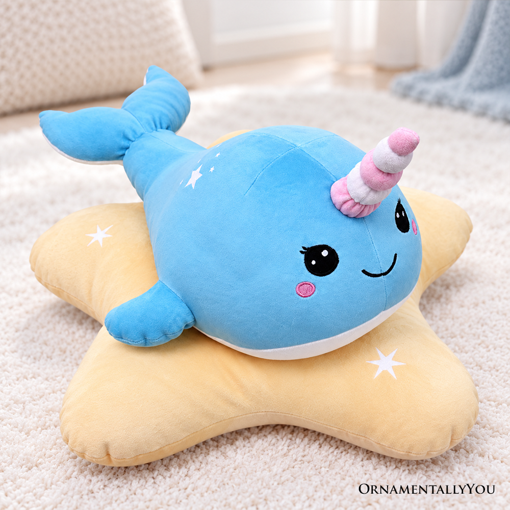 Celeste the Narwhal Plushie, Cute 17" Sea Unicorn Stuffed Animal on Star Pillow for Kids’ Gifts