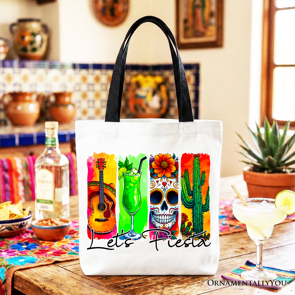 Cinco De Mayo Brushstroke Mexican Tote Bag, Let’s Fiesta Guitar Margarita Skull Cactus Gift Shopper