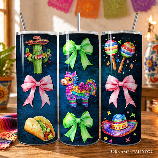 Cinco De Mayo Coquette Bow 20oz Personalized Tumbler With Lid and Stainless Steel Straw, Mexican Fiesta Maracas Gift Cup