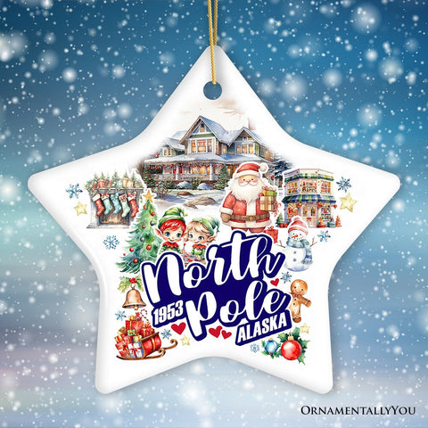 City of North Pole Alaska Artistic Christmas Ornament, Decorated Ceramic Souvenir with Santa and Elf Themes