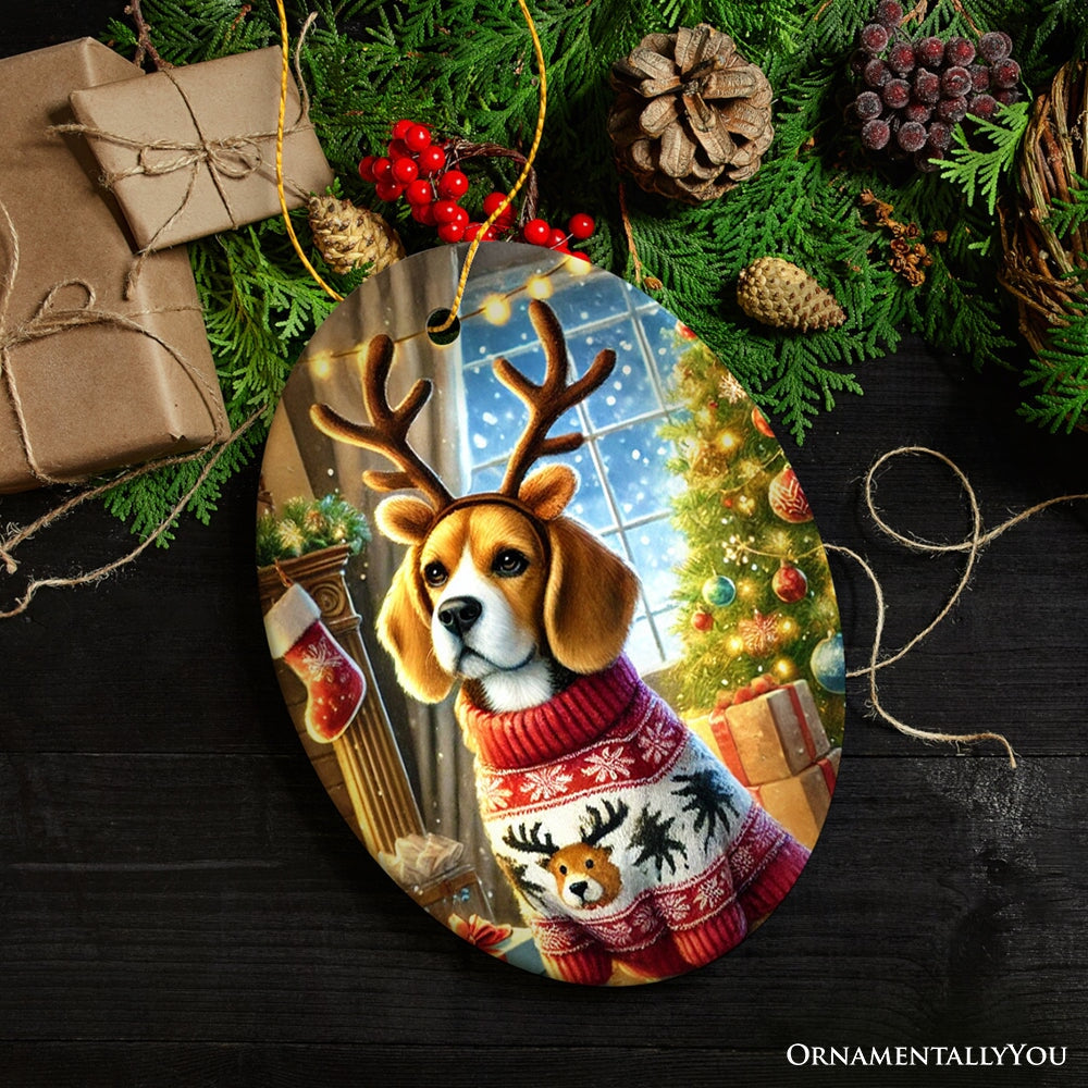 Cozy Fireplace Beagle Ornament, Snuggly Canine Christmas Gift and Decor