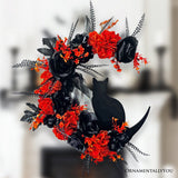 (Pre-Order) Crescent Moon Floral Black Cat Wreath, 20" Black and Orange Halloween Door Decoration