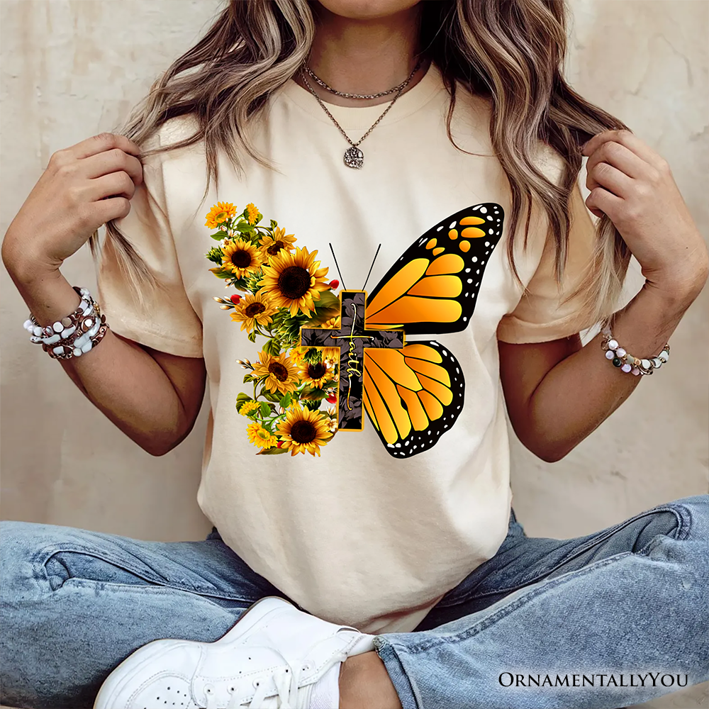 Faith Cross Butterfly T-Shirt, Christian Sunflower Floral Tee