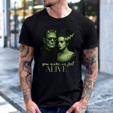 Frankenstein And Bride You Make Me Feel Alive T-Shirt, Valentine Retro Horror Couples Love Tee