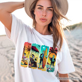 Frankenstein's Beach Vacation T-Shirt, Retro Neon Surf Style Tee for Horror Fans with Summer Vibes