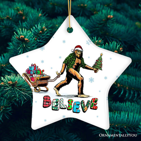 Funny Big Foot Believe Christmas Ornament, Sasquatch Humor Holiday Decor