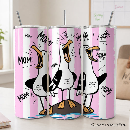 Funny Mom Calling Seagull 20oz Personalized Tumbler With Lid and Stainless Steel Straw, Pink Coastal Bird Gift Cup