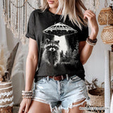 Funny UFO Raccoon T-Shirt, Black Unisex Tee for Alien Enthusiasts