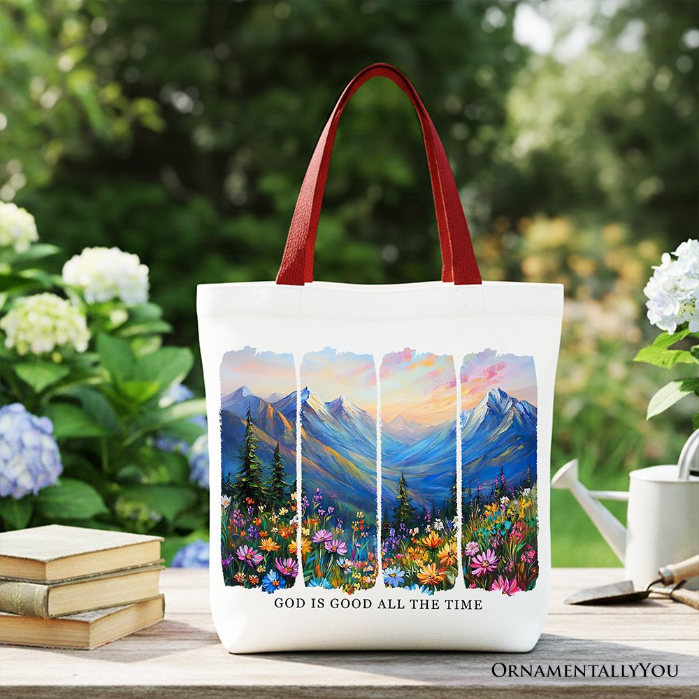 God Is Good All the Time Mountain Christian Canvas Tote Bag, Wildflower Brushstroke Bible Verse Faith Gift Shopper