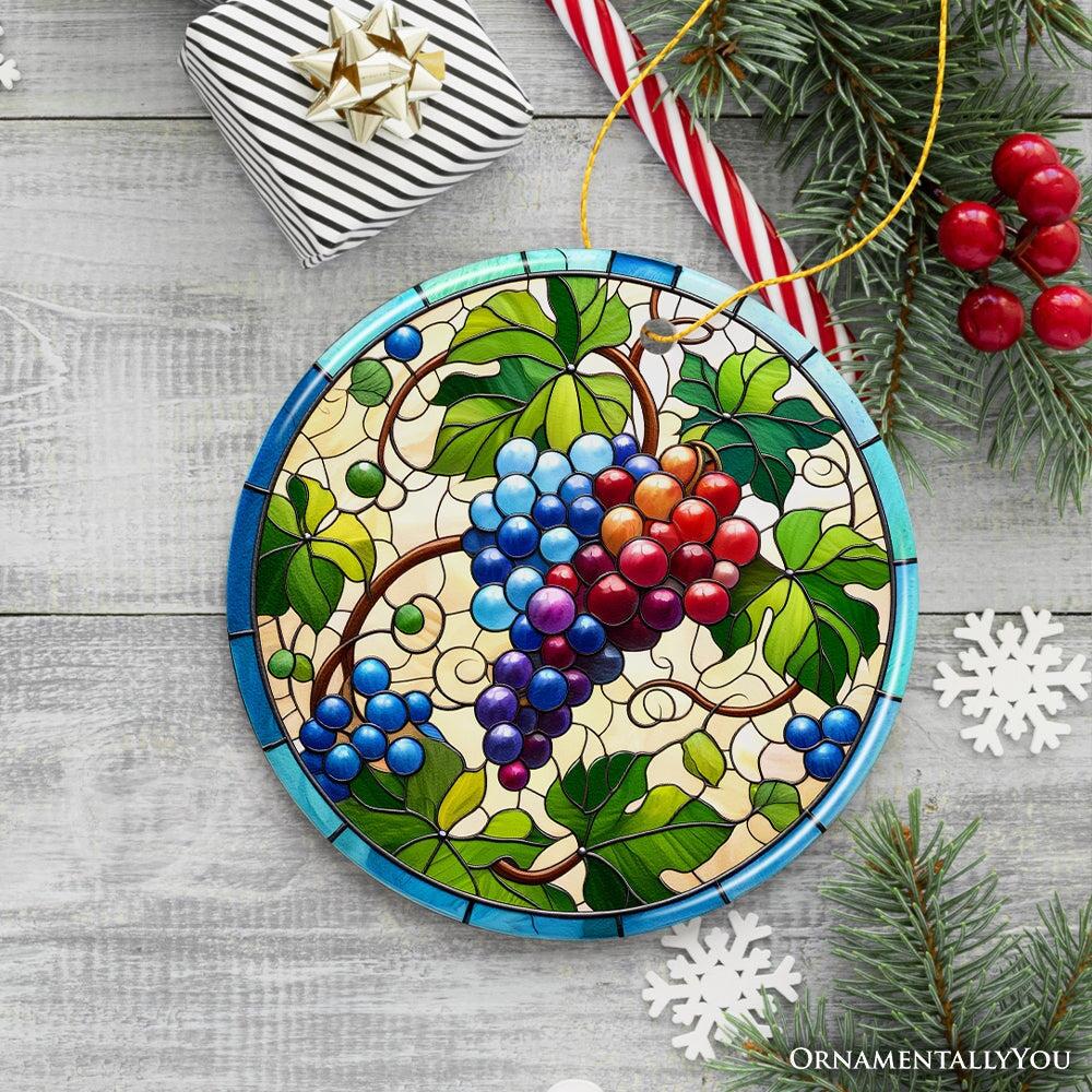 Grape Window Art Stained Glass Style Ceramic Ornament, Christmas Gift and Decor