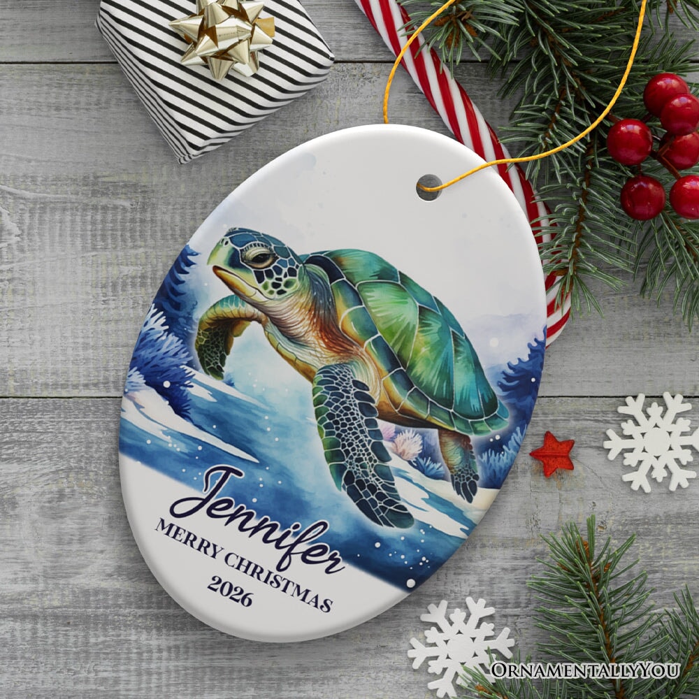 Green Turtle Personalized Ornament, Festive Christmas Gift With Custom Name and Date