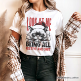 Grumpy Christmas Cat T‑Shirt, Funny Santa Hat Holiday Lights Tee for Sarcastic Festive People