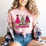 Howdy Pink Christmas Western Christmas T-Shirt, Leopard Print Retro Holiday Tee