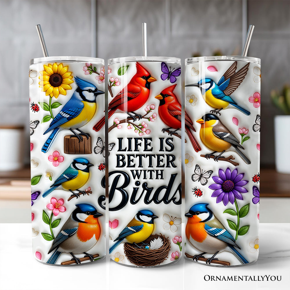 Inflated Life Is Better With Birds 20oz Personalized Tumbler With Lid and Stainless Steel Straw, Colorful Birdwatcher Gift Cup