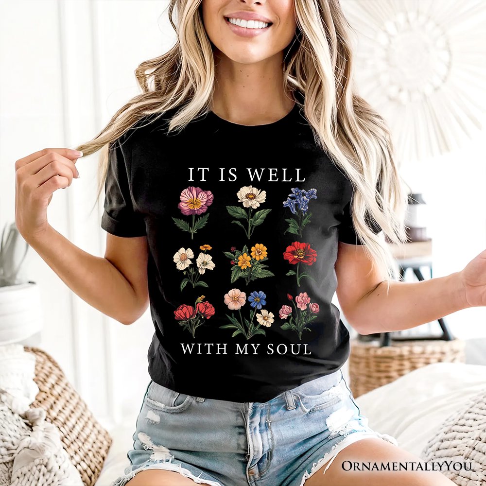 It Is Well With My Soul Christian Floral T-Shirt, Vintage Bible Verse Dark Tee