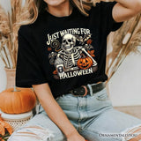 Just Waiting for Halloween T-Shirt, Spooky Skeleton Tee for Autumn Season