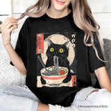 Kawaii Anime Cat Eating Ramen T-Shirt, Noodle Japanese Art Style Tee