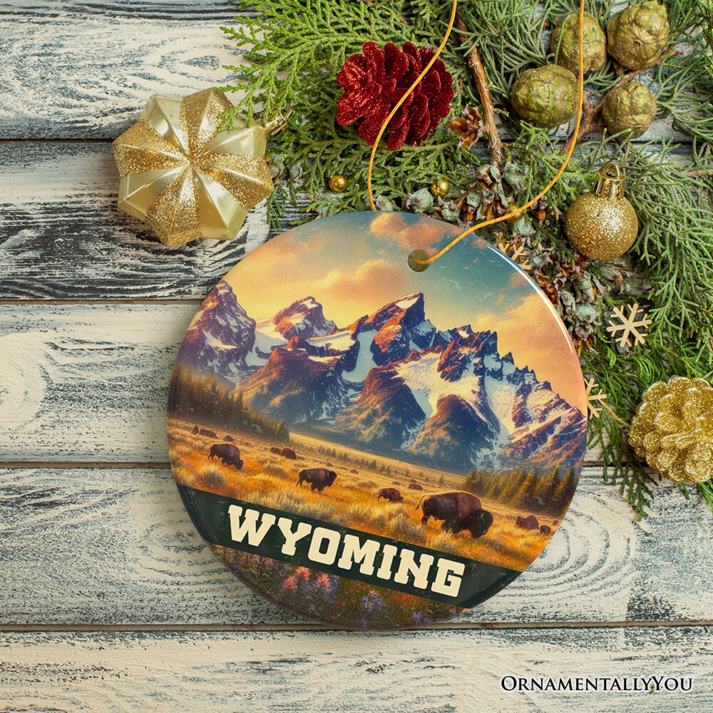 Majestic Wyoming Prairie Ornament, Grand Teton Bison Christmas Gift and Western Landscape Souvenir