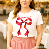 Merry Christmas Red Coquette Bow T‑Shirt, Minimalist Holiday Ribbon Tee for Festive Season