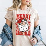 Merry Christmas Santa T‑Shirt, Retro Red Checkered Tee for Classic Holiday Season