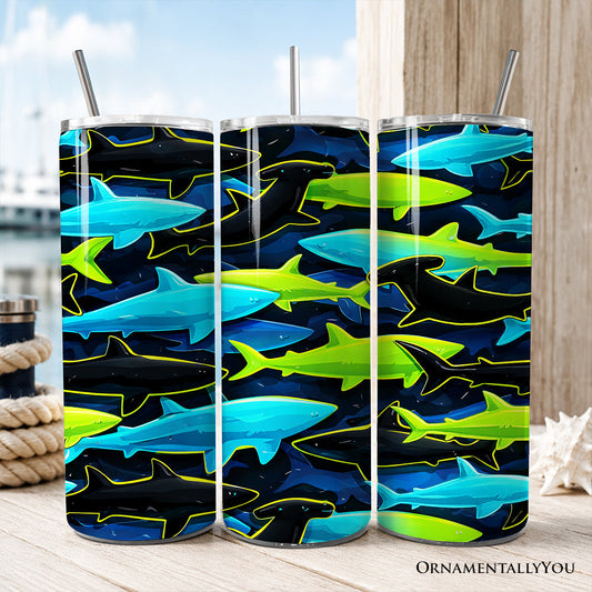 Neon Shark Camo 20oz Personalized Tumbler With Lid and Stainless Steel Straw, Marine Animal Pattern Gift Cup