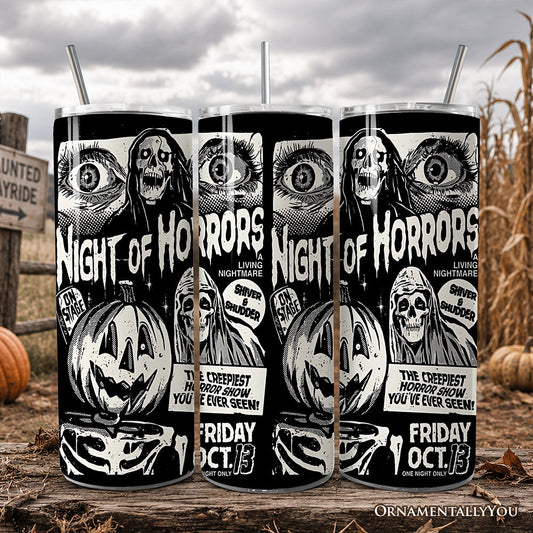 Night of Horrors Retro Halloween 20oz Personalized Tumbler With Lid and Stainless Steel Straw, Vintage Spooky Poster Gift Cup