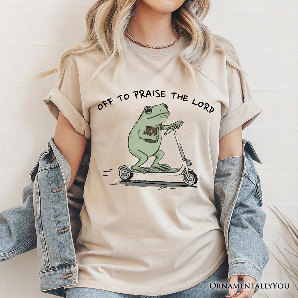 Off to Praise the Lord Funny Frog T-Shirt, Christian Faith Humor Jesus Tee